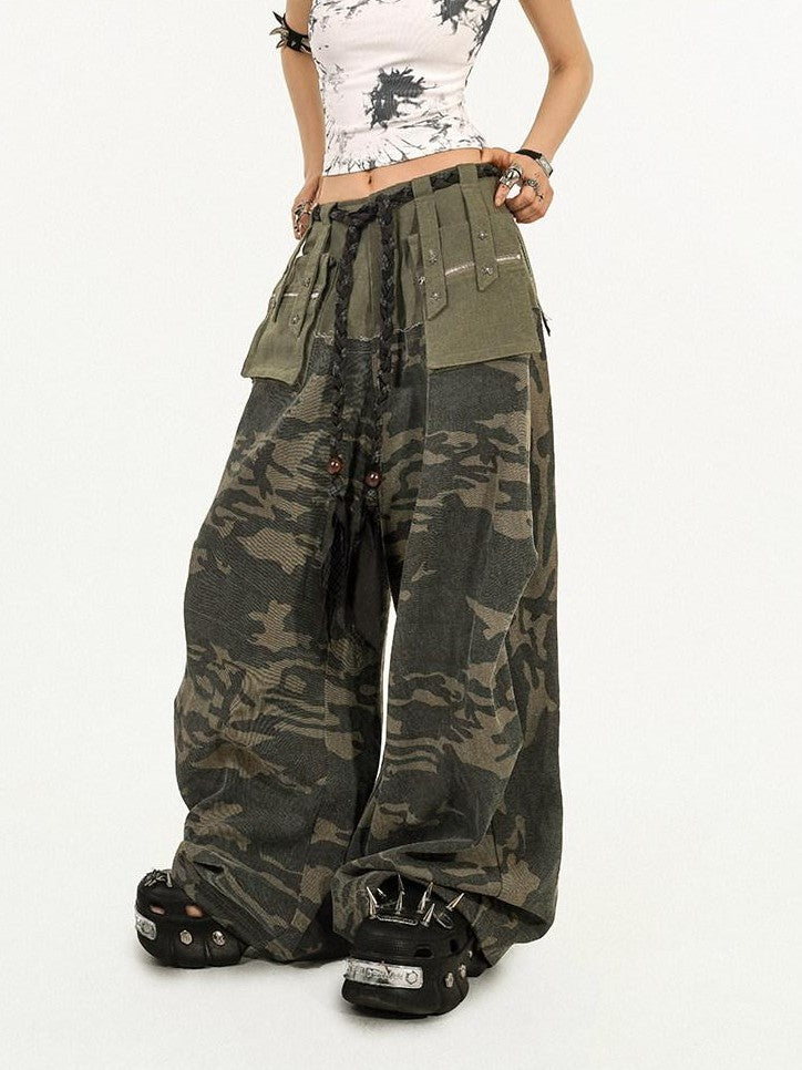 Nico Molly Deep Green Heavy Duty Camouflage Cargo Multi Pocket Women's Wide-leg Pants