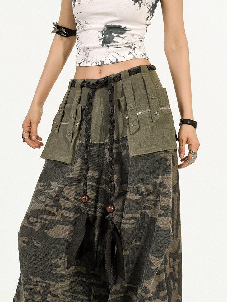 Nico Molly Deep Green Heavy Duty Camouflage Cargo Multi Pocket Women's Wide-leg Pants