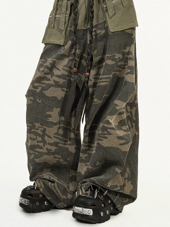 Nico Molly Deep Green Heavy Duty Camouflage Cargo Multi Pocket Women's Wide-leg Pants