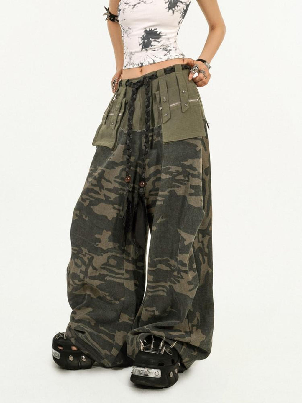 Nico Molly Deep Green Heavy Duty Camouflage Cargo Multi Pocket Women's Wide-leg Pants