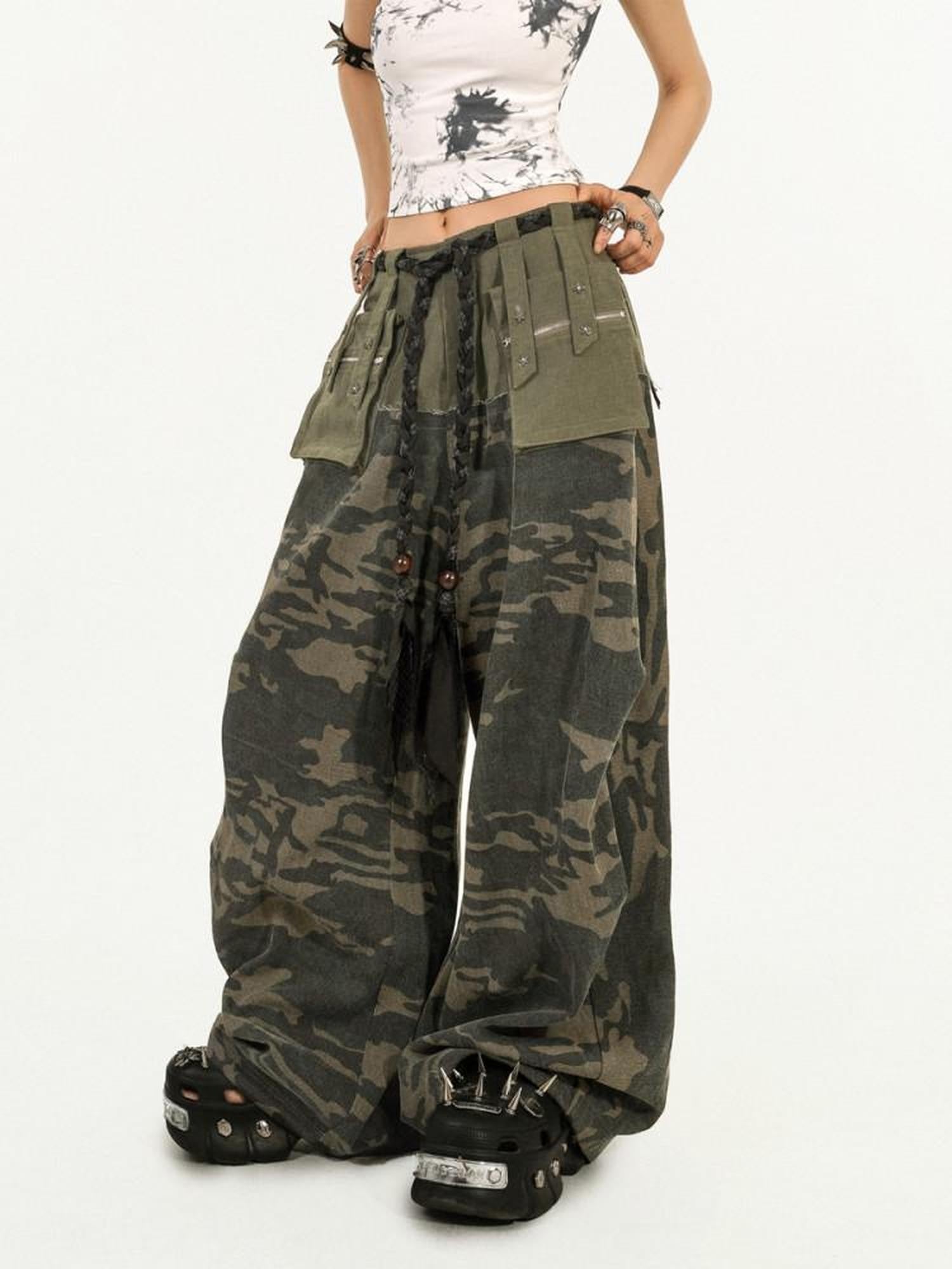Nico Molly Deep Green Heavy Duty Camouflage Cargo Multi Pocket Women's Wide-leg Pants