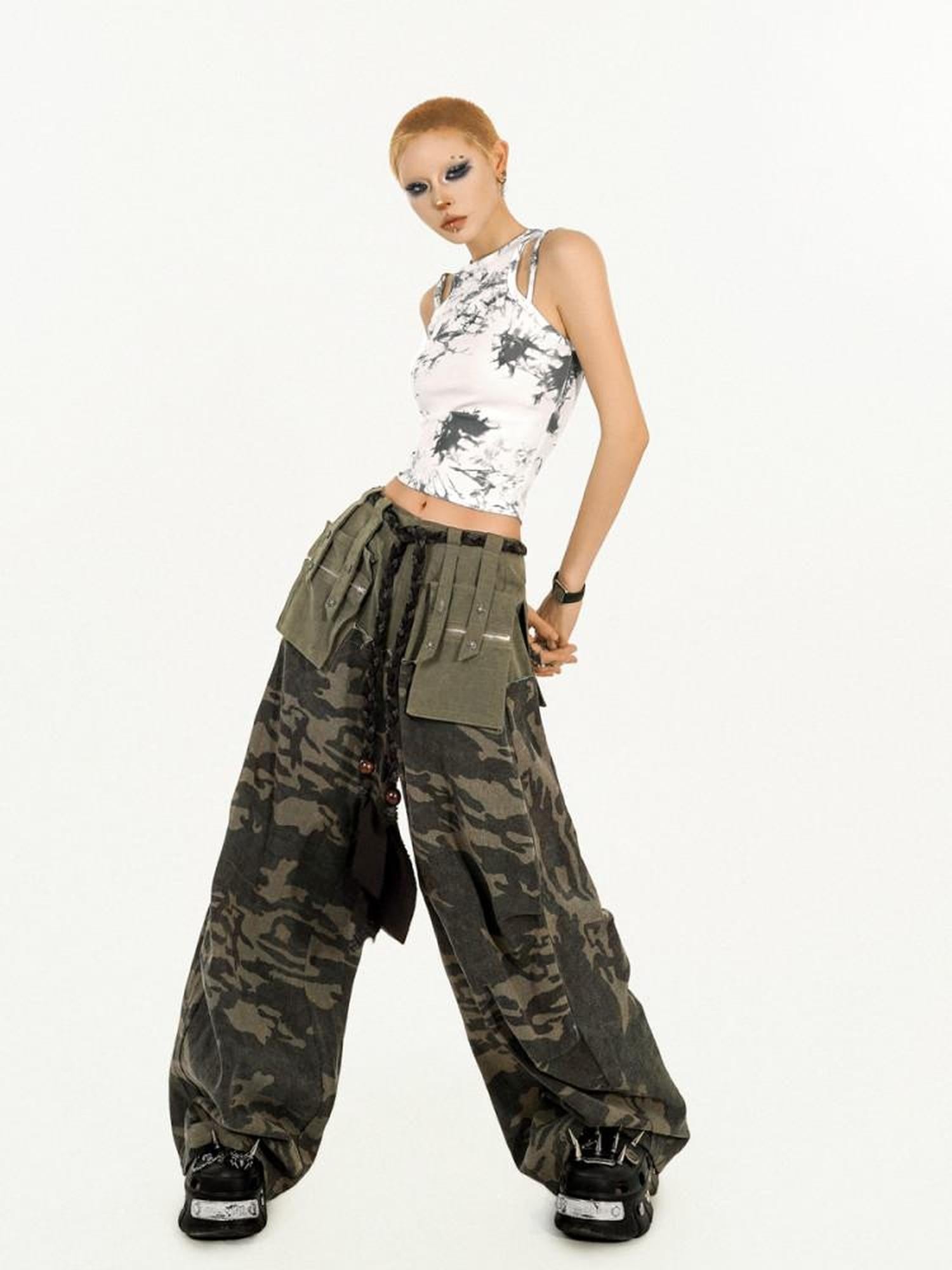 Nico Molly Deep Green Heavy Duty Camouflage Cargo Multi Pocket Women's Wide-leg Pants