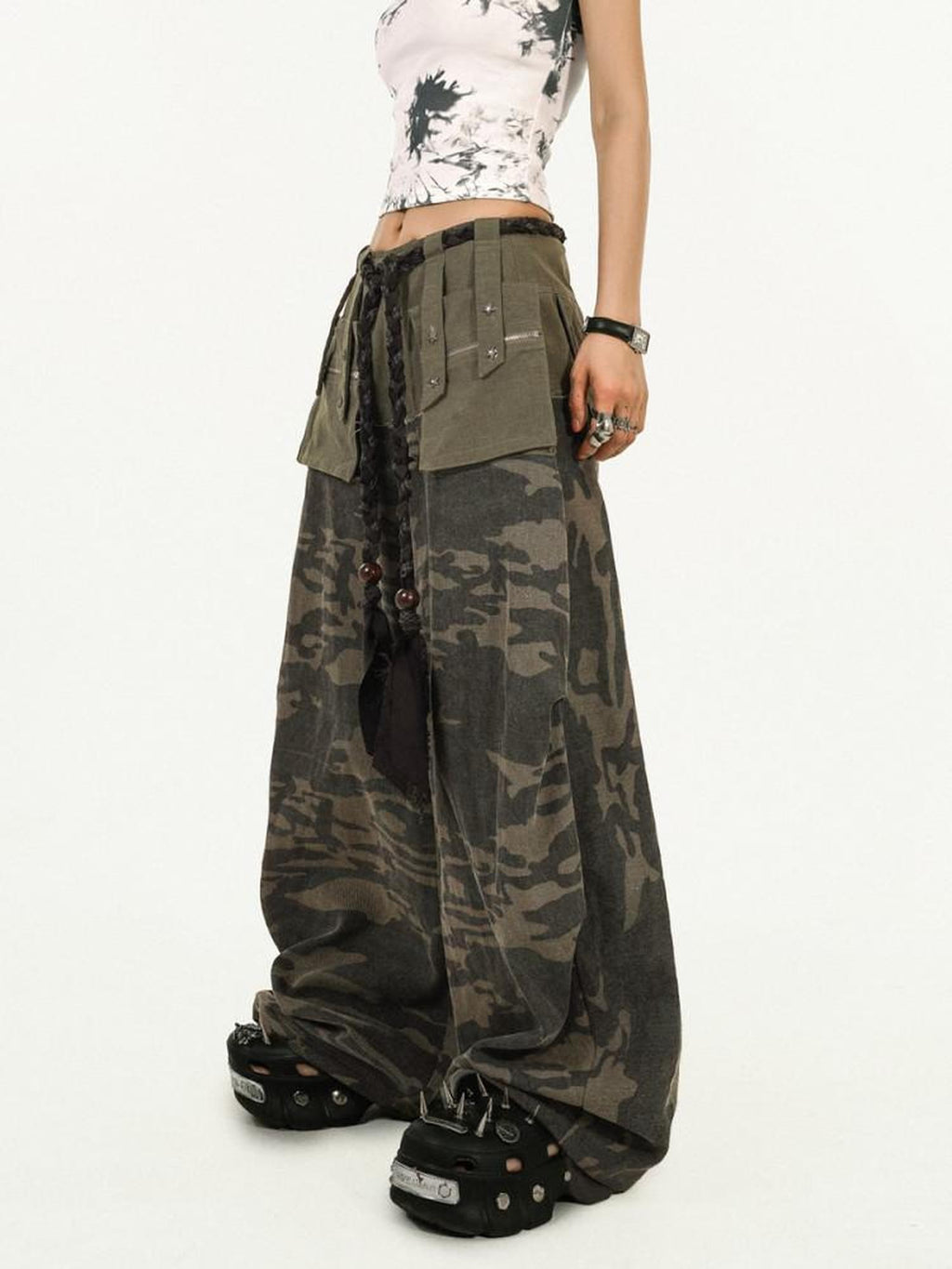 Nico Molly Deep Green Heavy Duty Camouflage Cargo Multi Pocket Women's Wide-leg Pants