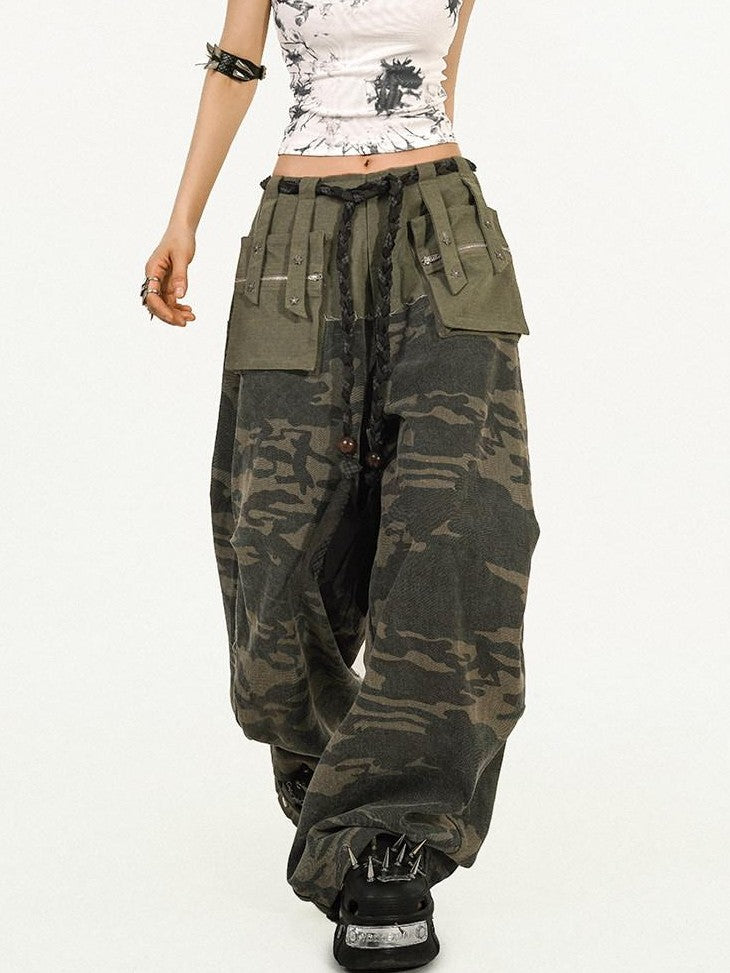 Nico Molly Deep Green Heavy Duty Camouflage Cargo Multi Pocket Women's Wide-leg Pants