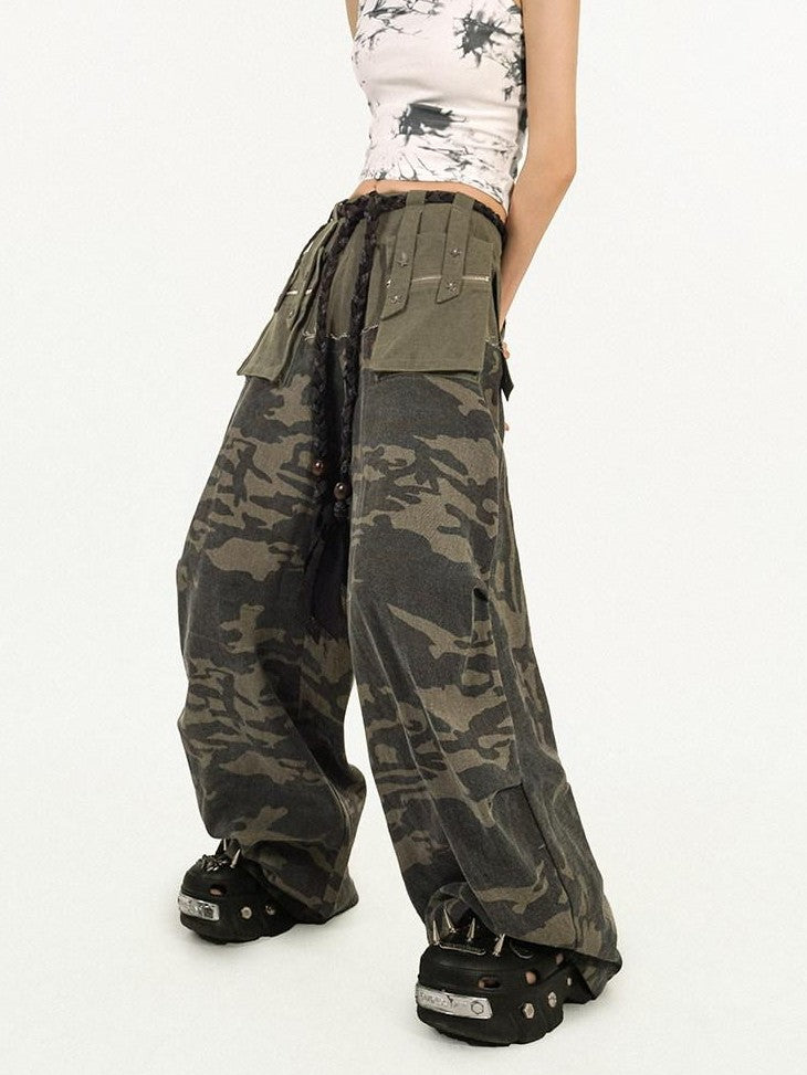 Nico Molly Deep Green Heavy Duty Camouflage Cargo Multi Pocket Women's Wide-leg Pants
