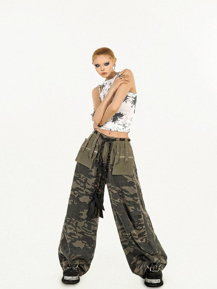 Nico Molly Deep Green Heavy Duty Camouflage Cargo Multi Pocket Women's Wide-leg Pants