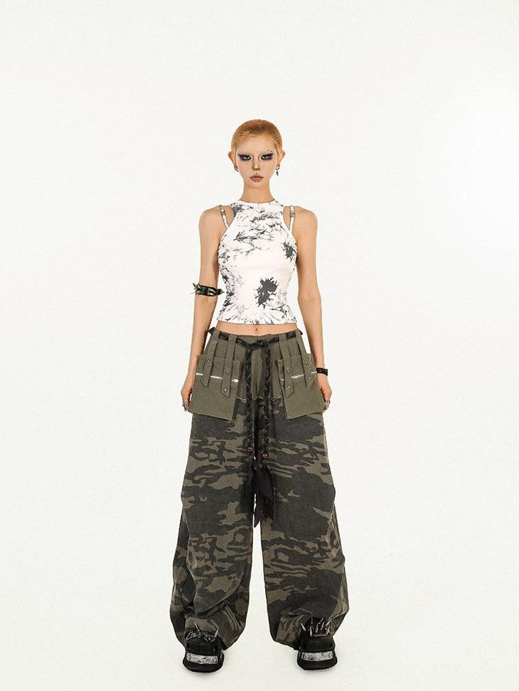 Nico Molly Deep Green Heavy Duty Camouflage Cargo Multi Pocket Women's Wide-leg Pants