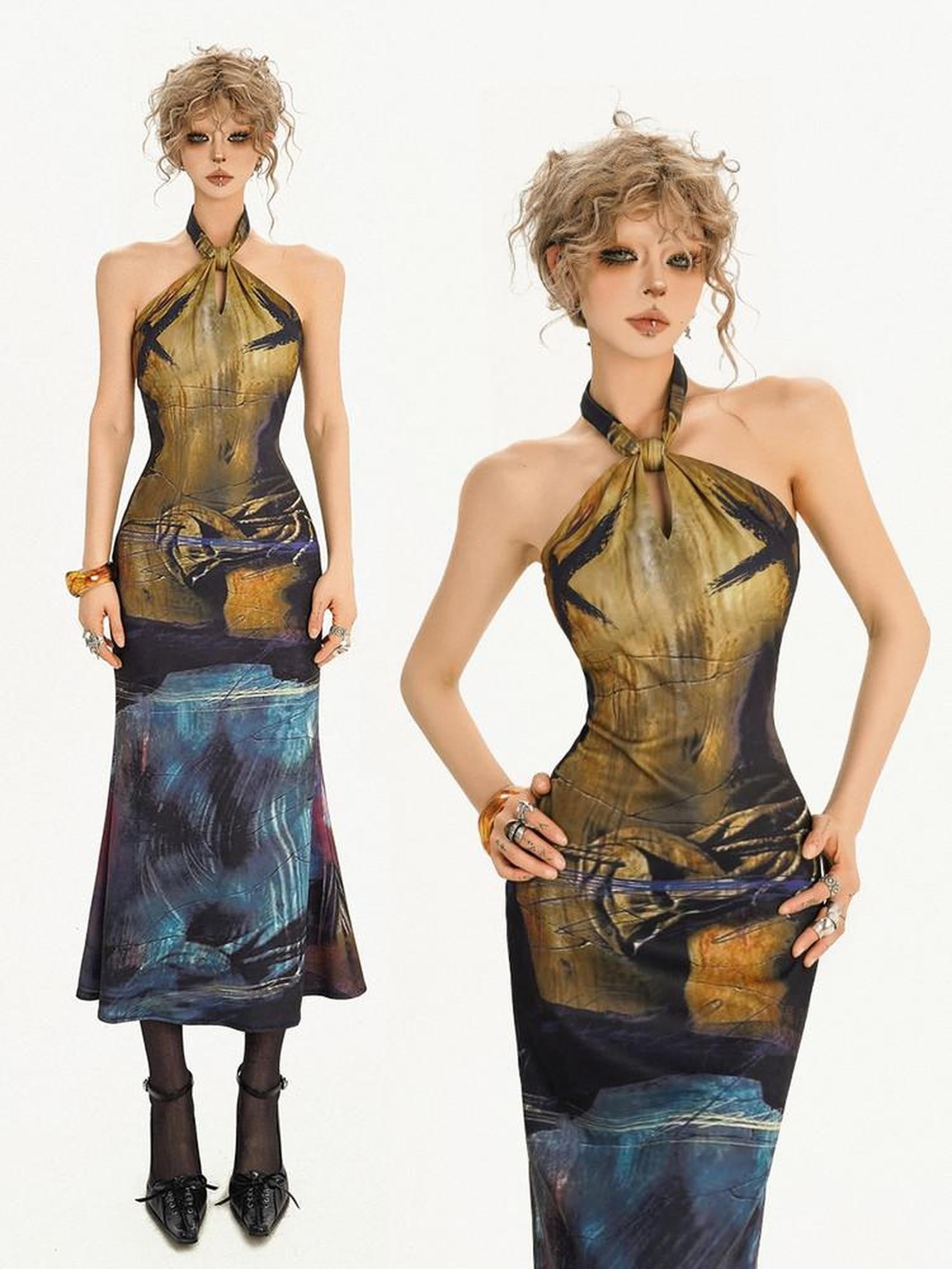 Nico Molly Deep Navy Artistic Print Halter Fishtail High Waist Women's Casual Maxi Dresses