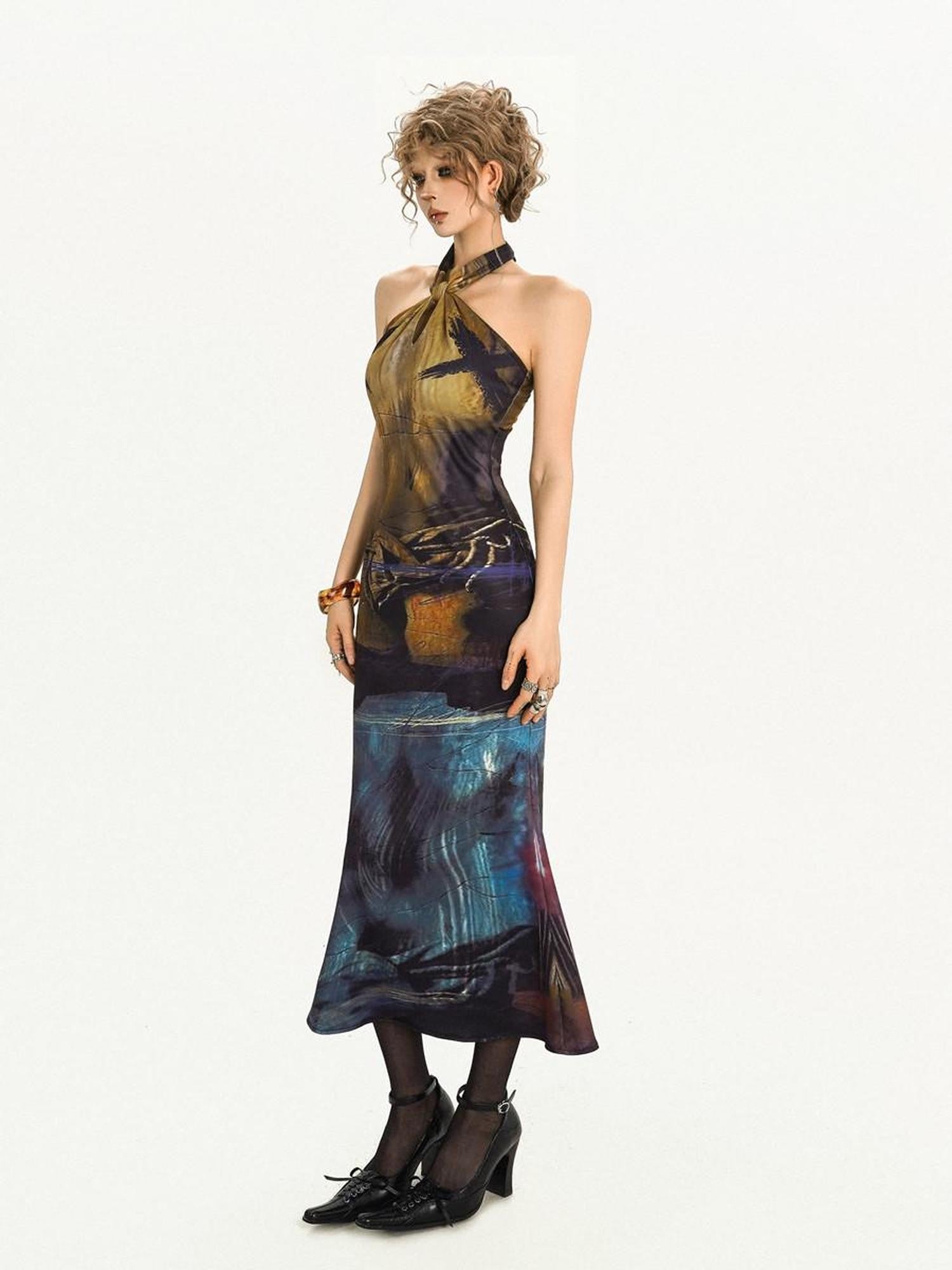 Nico Molly Deep Navy Artistic Print Halter Fishtail High Waist Women's Casual Maxi Dresses