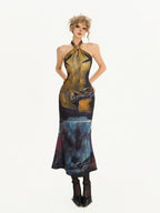 Nico Molly Deep Navy Artistic Print Halter Fishtail High Waist Women's Casual Maxi Dresses