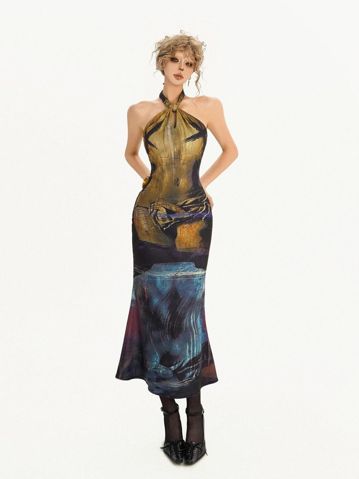 Nico Molly Deep Navy Artistic Print Halter Fishtail High Waist Women's Casual Maxi Dresses