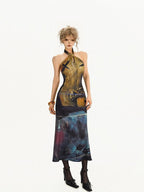 Nico Molly Deep Navy Artistic Print Halter Fishtail High Waist Women's Casual Maxi Dresses