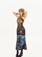 Nico Molly Deep Navy Artistic Print Halter Fishtail High Waist Women's Casual Maxi Dresses