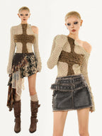 Nico Molly Distressed Cutout Off Shoulder Mesh Knit Women's Polyester Long Sleeve T-shirts