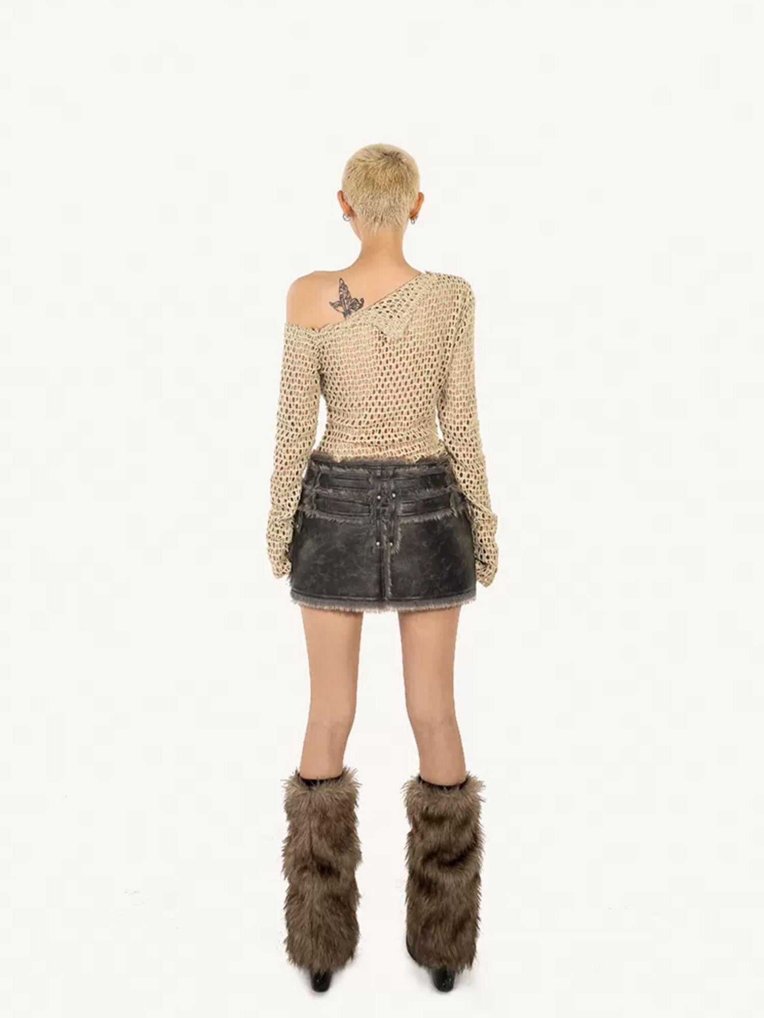 Nico Molly Distressed Cutout Off Shoulder Mesh Knit Women's Polyester Long Sleeve T-shirts