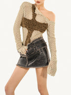 Nico Molly Distressed Cutout Off Shoulder Mesh Knit Women's Polyester Long Sleeve T-shirts