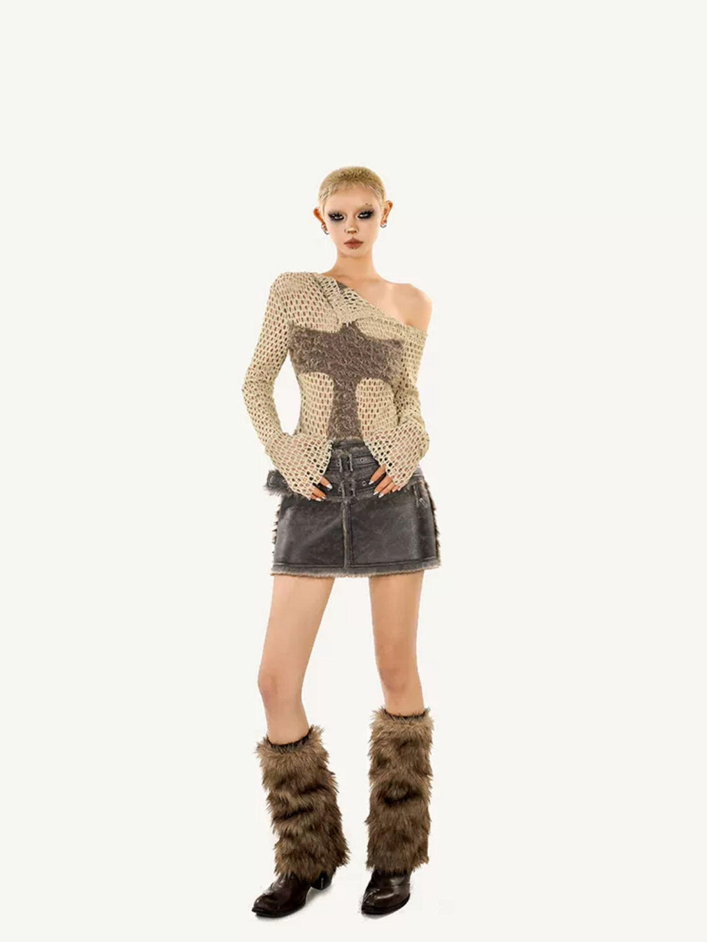 Nico Molly Distressed Cutout Off Shoulder Mesh Knit Women's Polyester Long Sleeve T-shirts