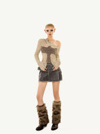 Nico Molly Distressed Cutout Off Shoulder Mesh Knit Women's Polyester Long Sleeve T-shirts