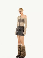 Nico Molly Distressed Cutout Off Shoulder Mesh Knit Women's Polyester Long Sleeve T-shirts