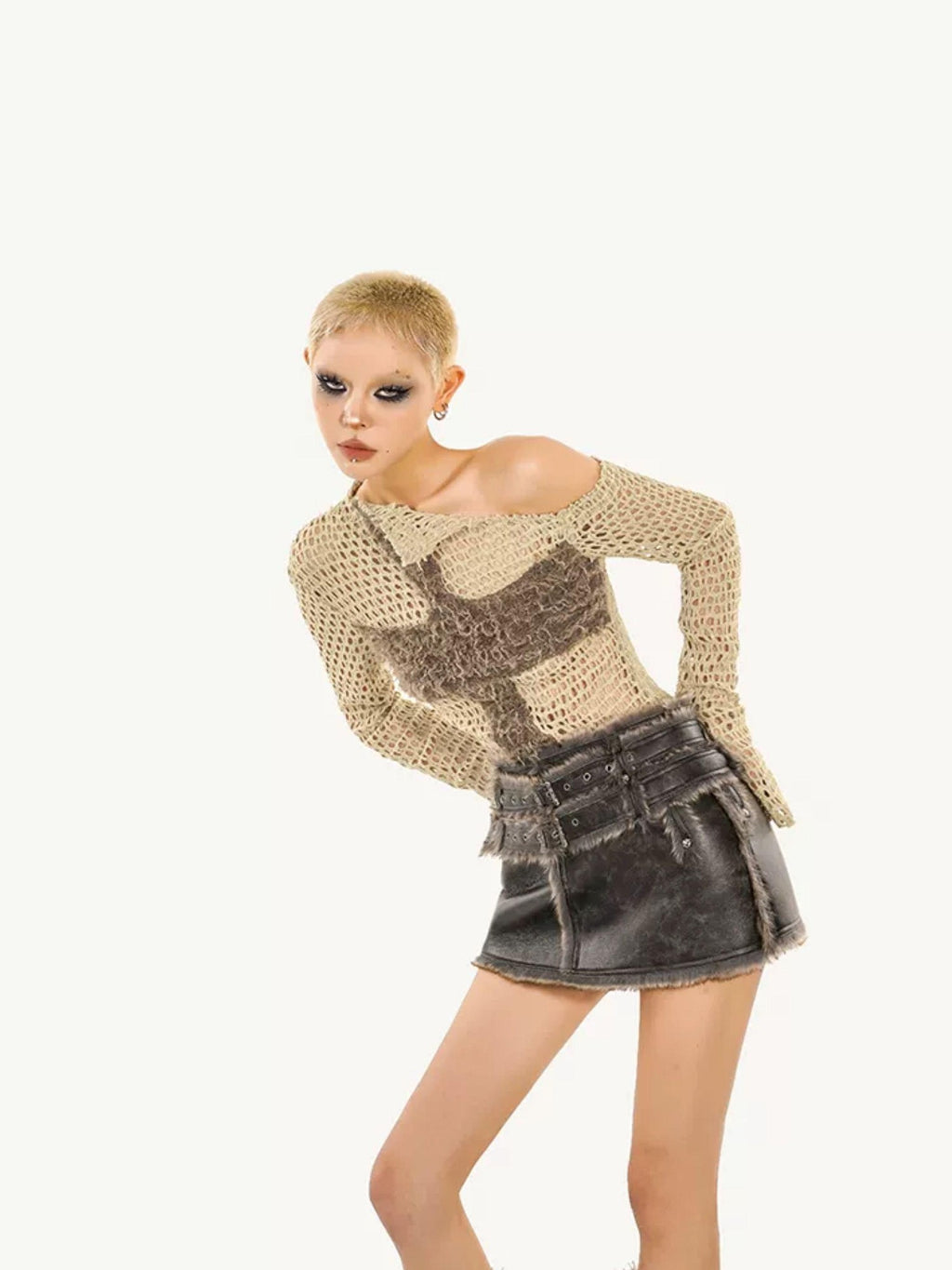 Nico Molly Distressed Cutout Off Shoulder Mesh Knit Women's Polyester Long Sleeve T-shirts