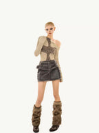 Nico Molly Distressed Cutout Off Shoulder Mesh Knit Women's Polyester Long Sleeve T-shirts