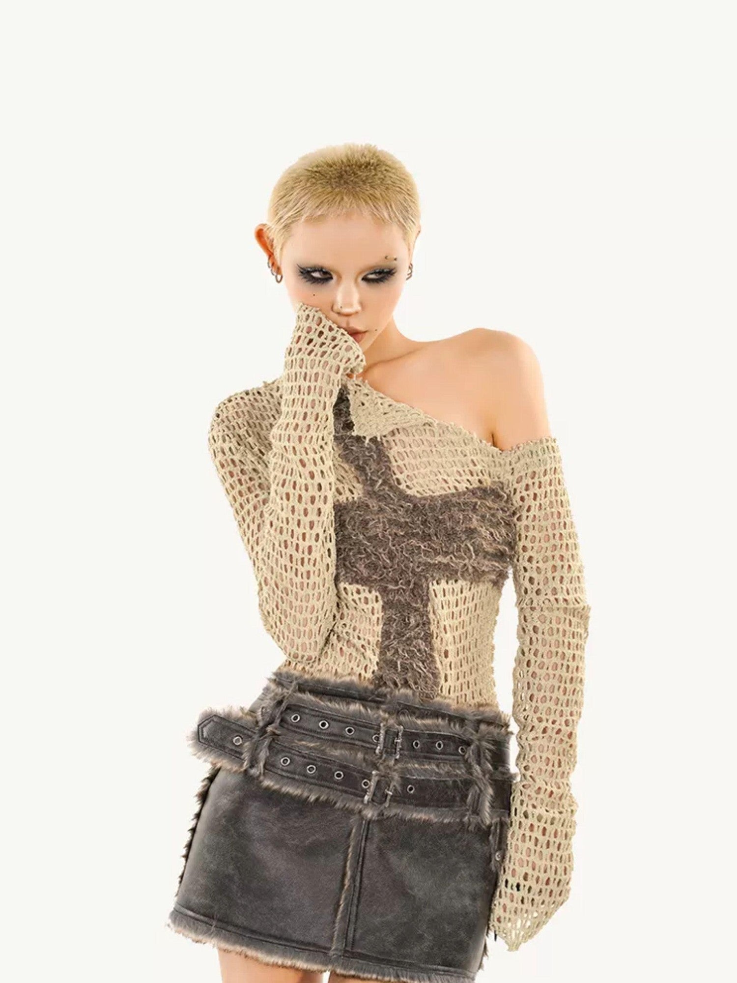 Nico Molly Distressed Cutout Off Shoulder Mesh Knit Women's Polyester Long Sleeve T-shirts