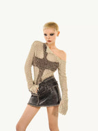 Nico Molly Distressed Cutout Off Shoulder Mesh Knit Women's Polyester Long Sleeve T-shirts