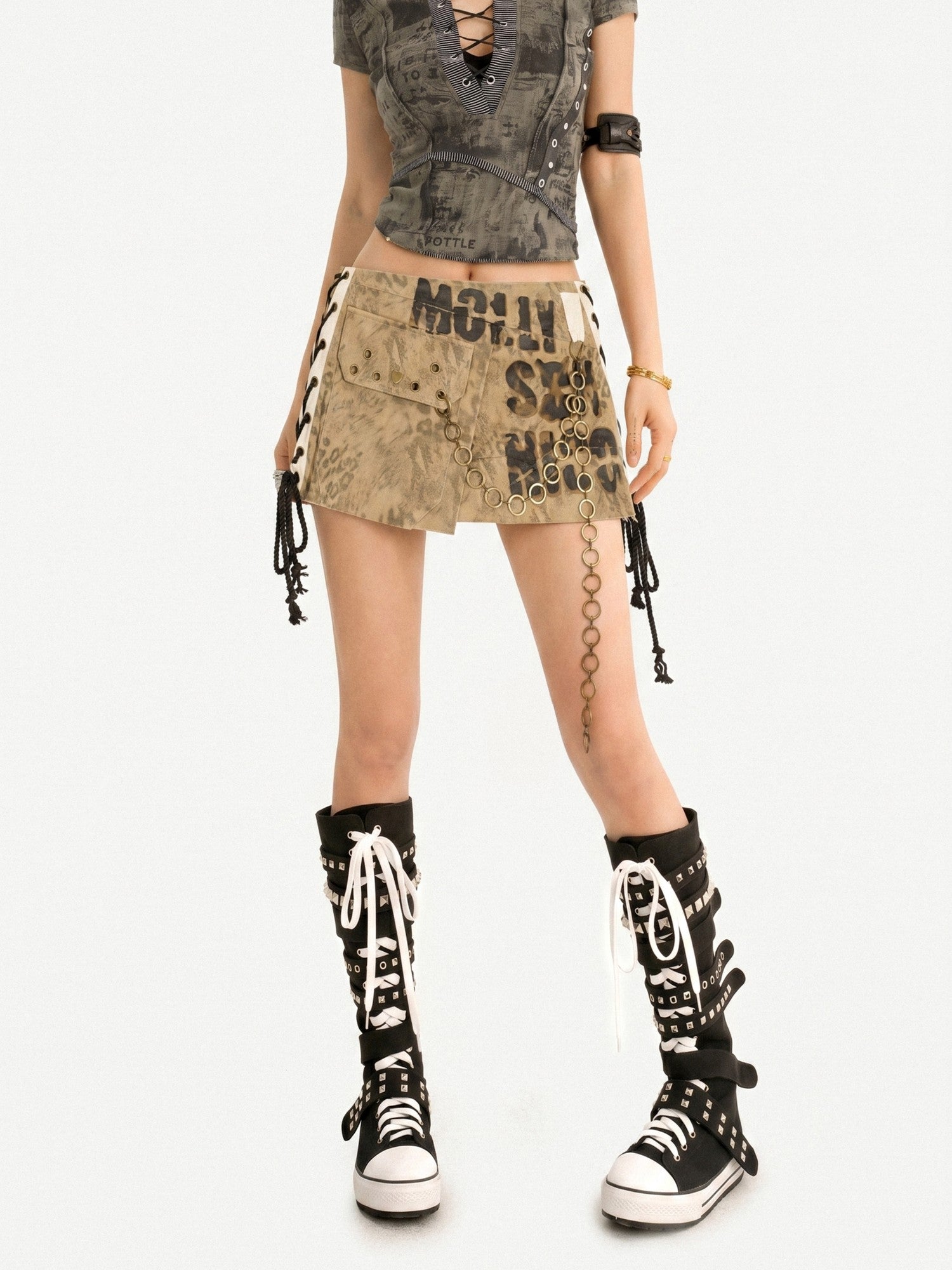 Nico Molly Distressed Leopard Print Chain Cargo Low Waist Punk Women's Denim Mini Skirts