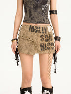 Nico Molly Distressed Leopard Print Chain Cargo Low Waist Punk Women's Denim Mini Skirts