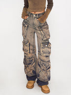 Nico Molly Distressed Vintage Pattern Cargo High Waist Women's Heavy Denim Wide-leg Pants
