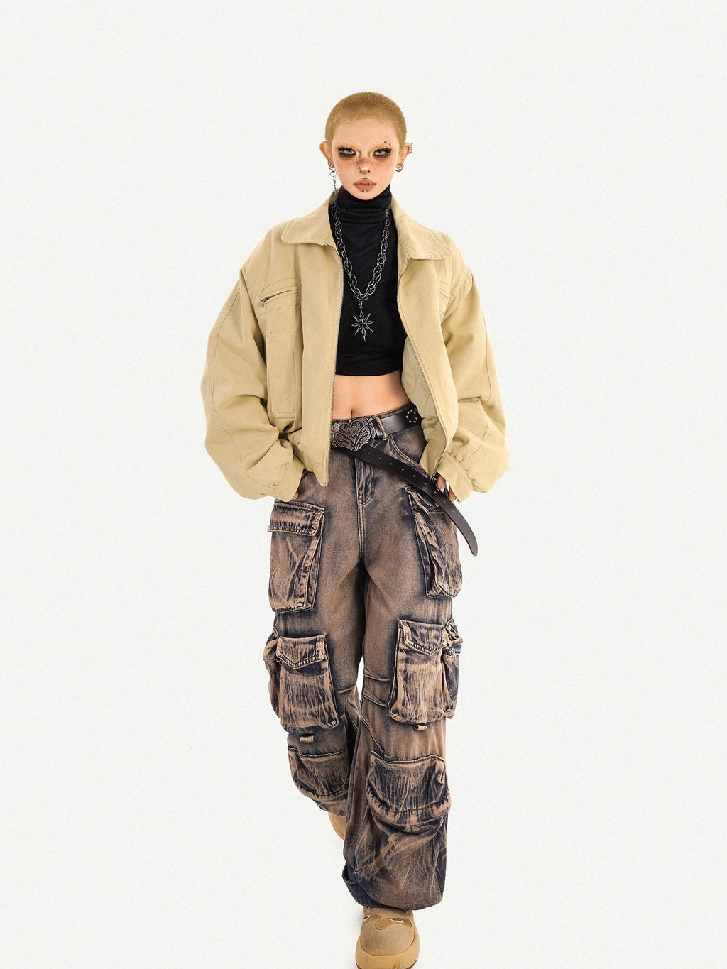 Nico Molly Distressed Vintage Pattern Cargo High Waist Women's Heavy Denim Wide-leg Pants