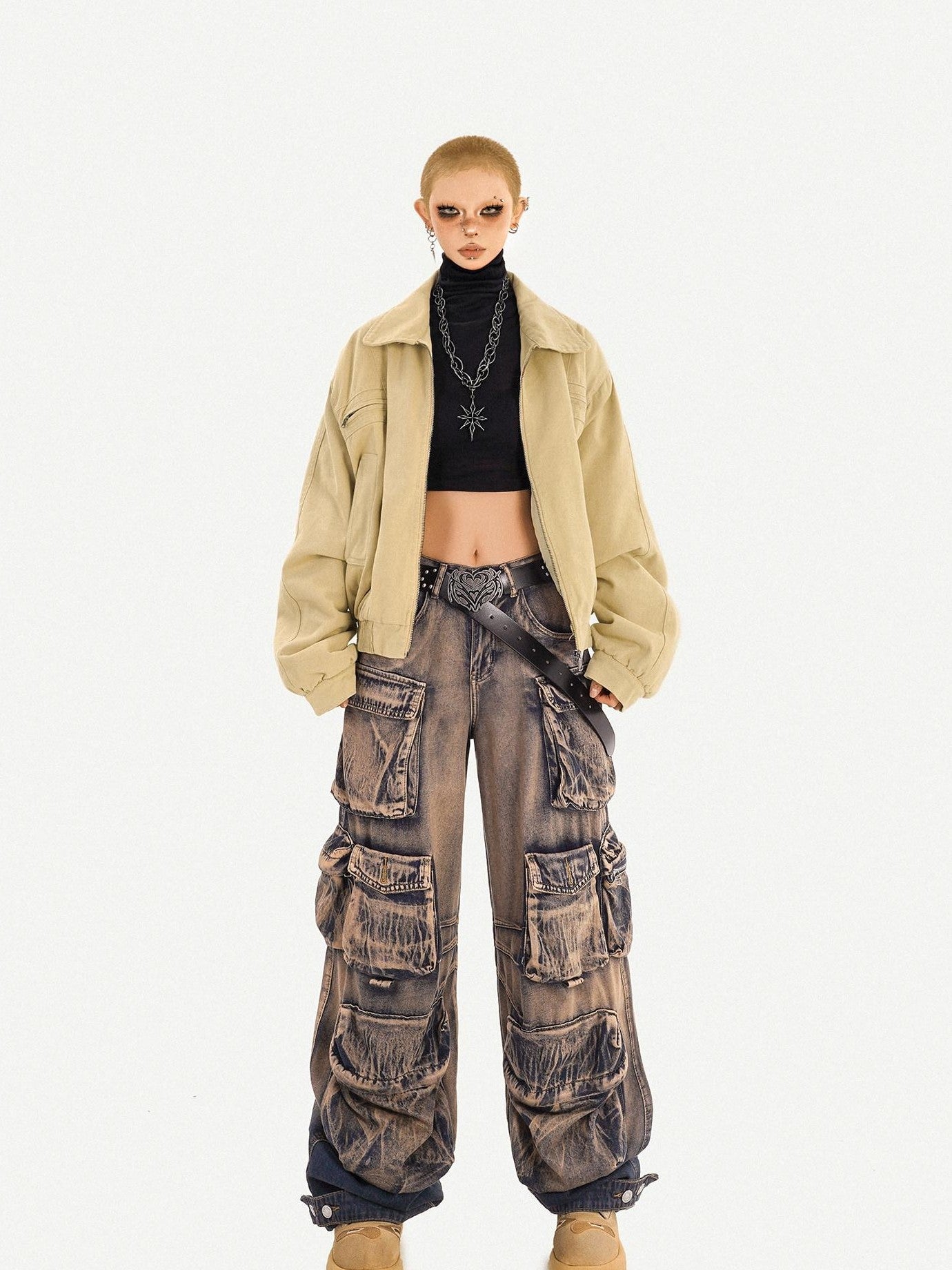 Nico Molly Distressed Vintage Pattern Cargo High Waist Women's Heavy Denim Wide-leg Pants