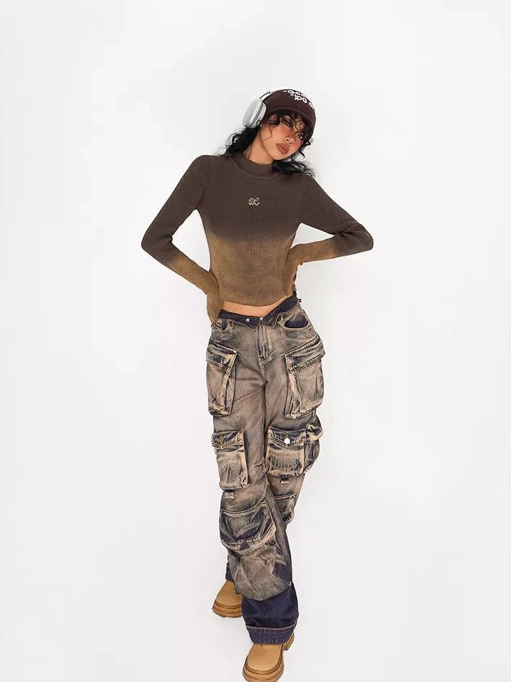 Nico Molly Distressed Vintage Pattern Cargo High Waist Women's Heavy Denim Wide-leg Pants