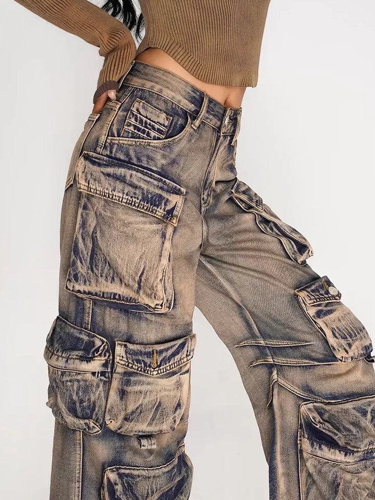 Nico Molly Distressed Vintage Pattern Cargo High Waist Women's Heavy Denim Wide-leg Pants