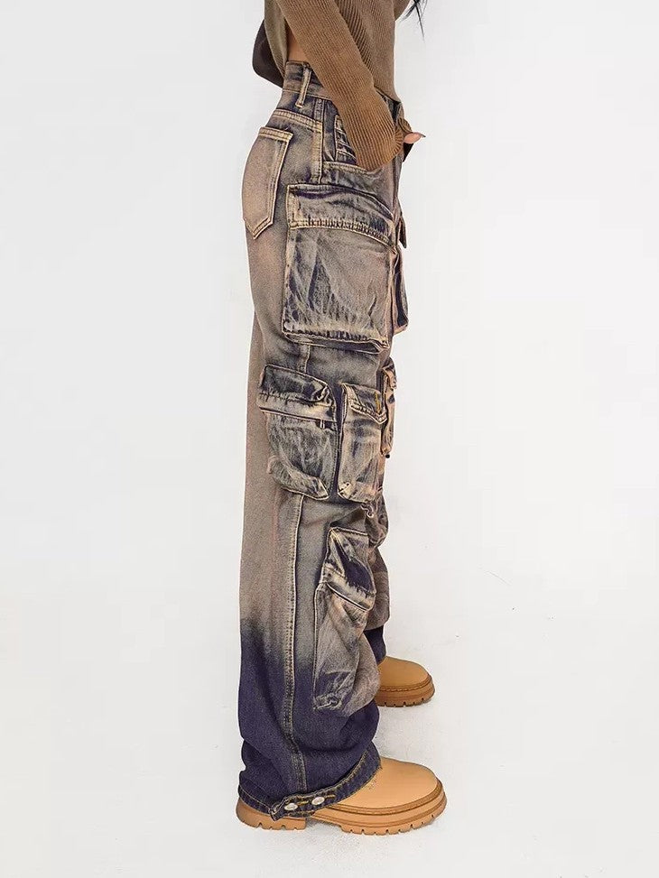 Nico Molly Distressed Vintage Pattern Cargo High Waist Women's Heavy Denim Wide-leg Pants