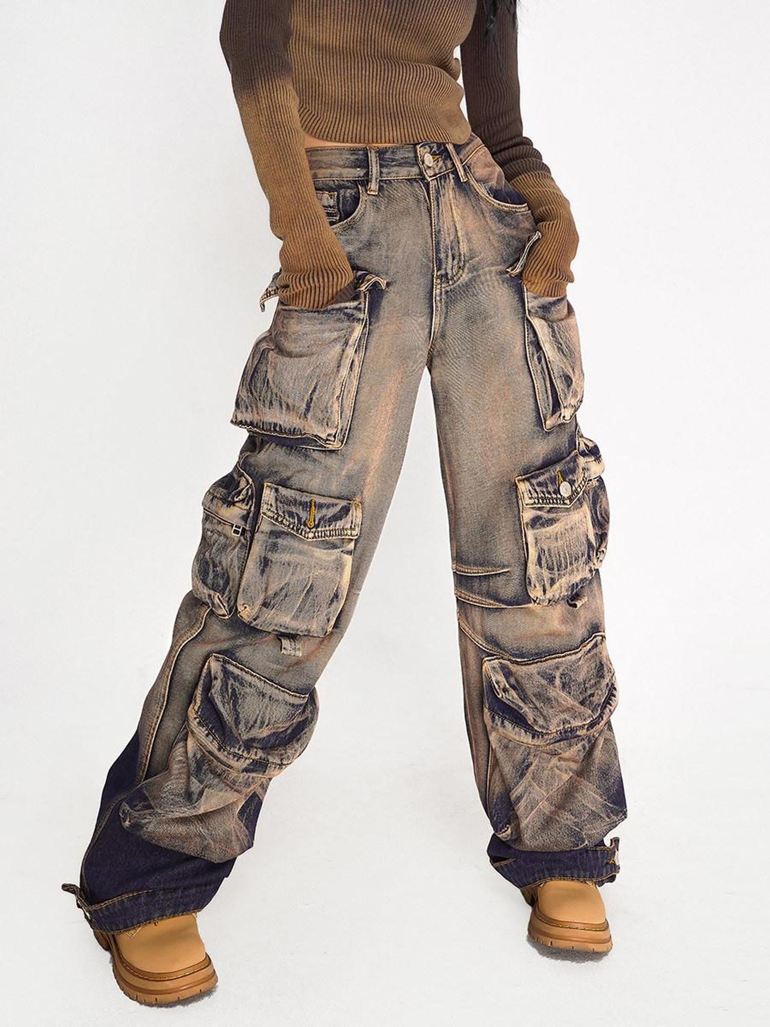 Nico Molly Distressed Vintage Pattern Cargo High Waist Women's Heavy Denim Wide-leg Pants