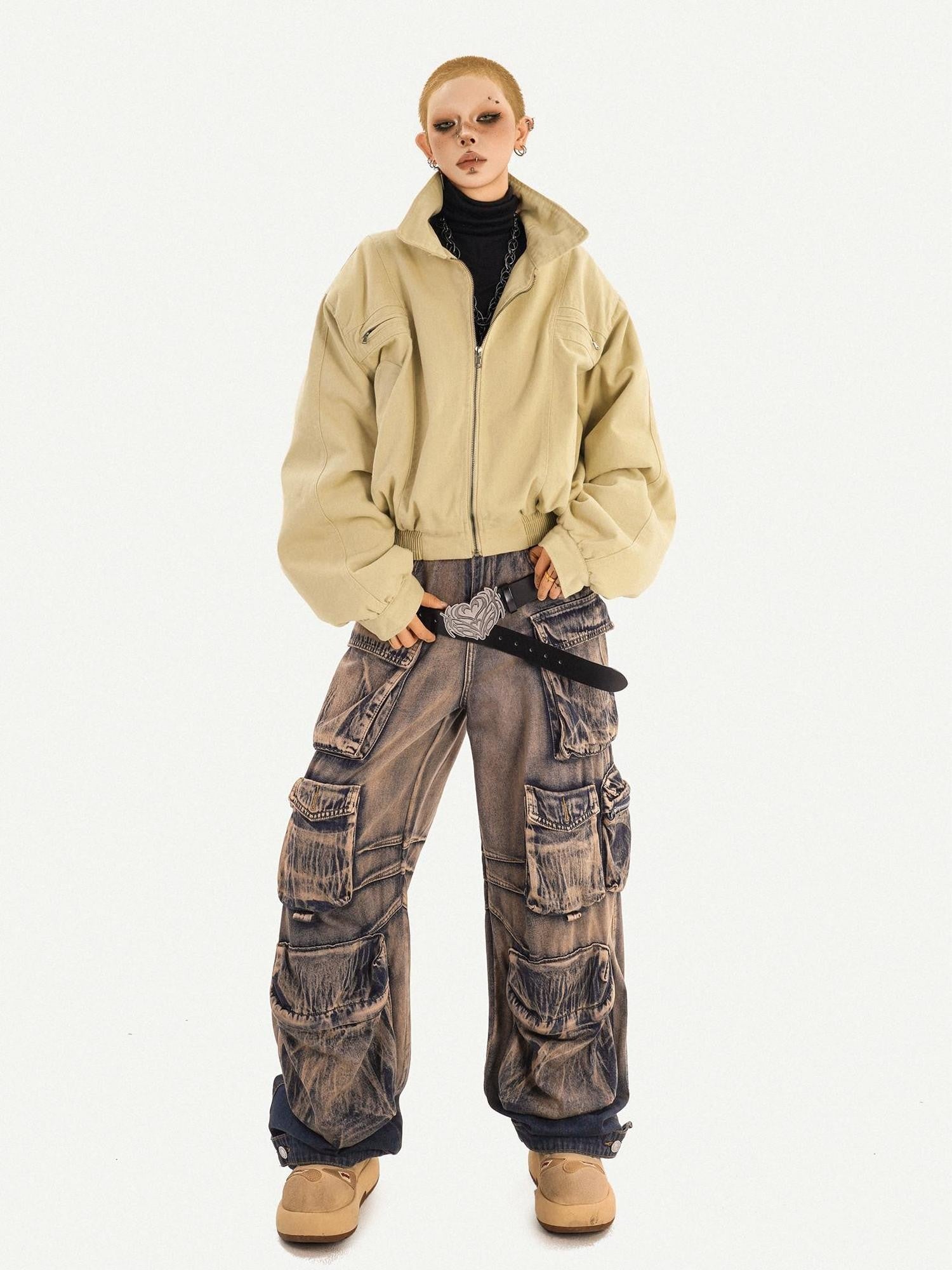 Nico Molly Distressed Vintage Pattern Cargo High Waist Women's Heavy Denim Wide-leg Pants