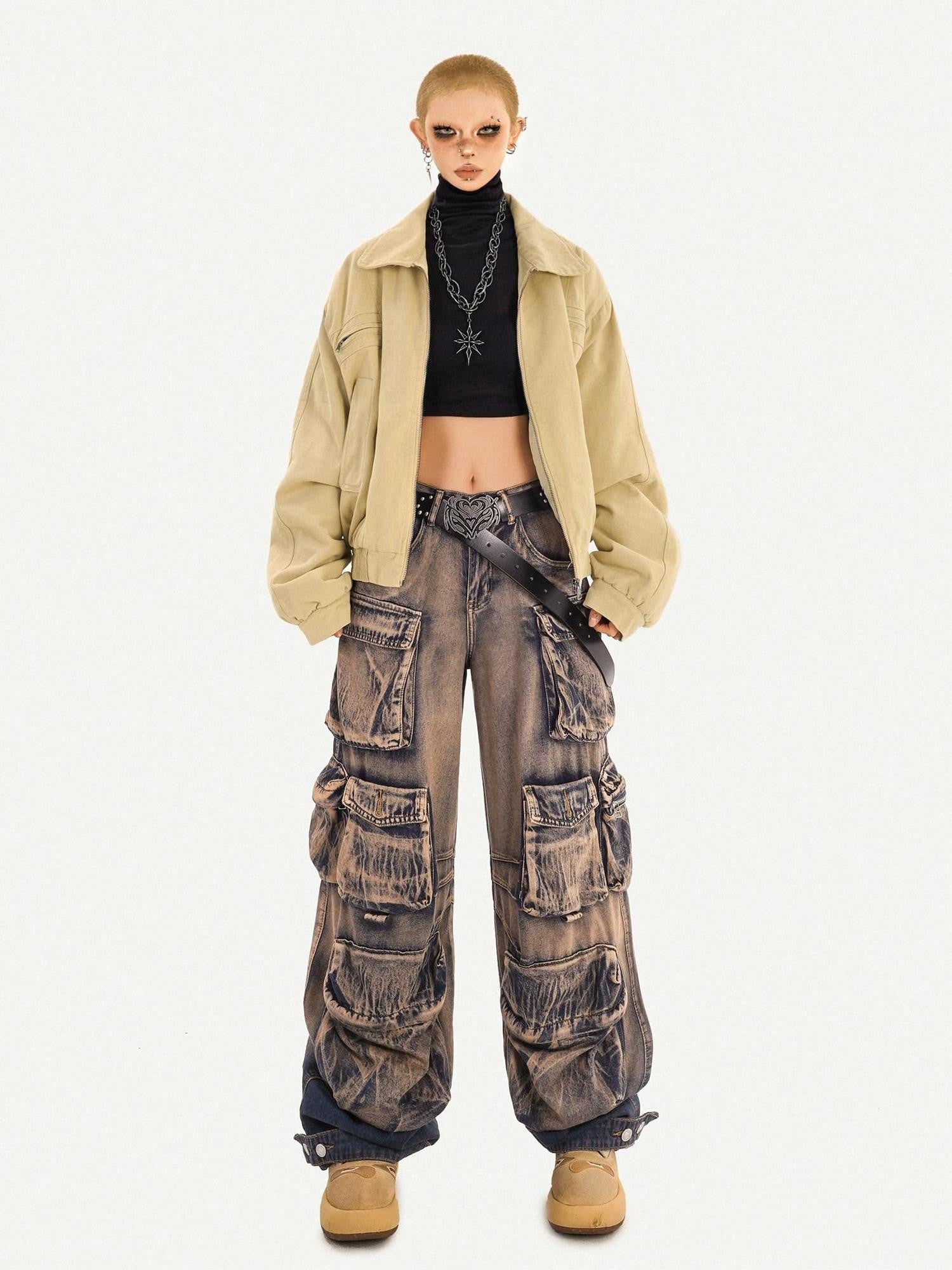Nico Molly Distressed Vintage Pattern Cargo High Waist Women's Heavy Denim Wide-leg Pants