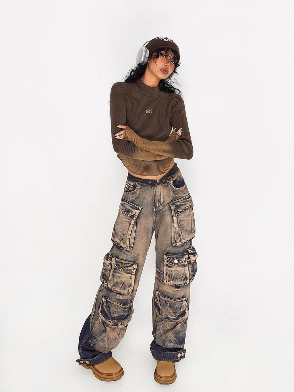 Nico Molly Distressed Vintage Pattern Cargo High Waist Women's Heavy Denim Wide-leg Pants