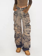 Nico Molly Distressed Vintage Pattern Cargo High Waist Women's Heavy Denim Wide-leg Pants