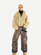 Nico Molly Distressed Vintage Pattern Cargo High Waist Women's Heavy Denim Wide-leg Pants