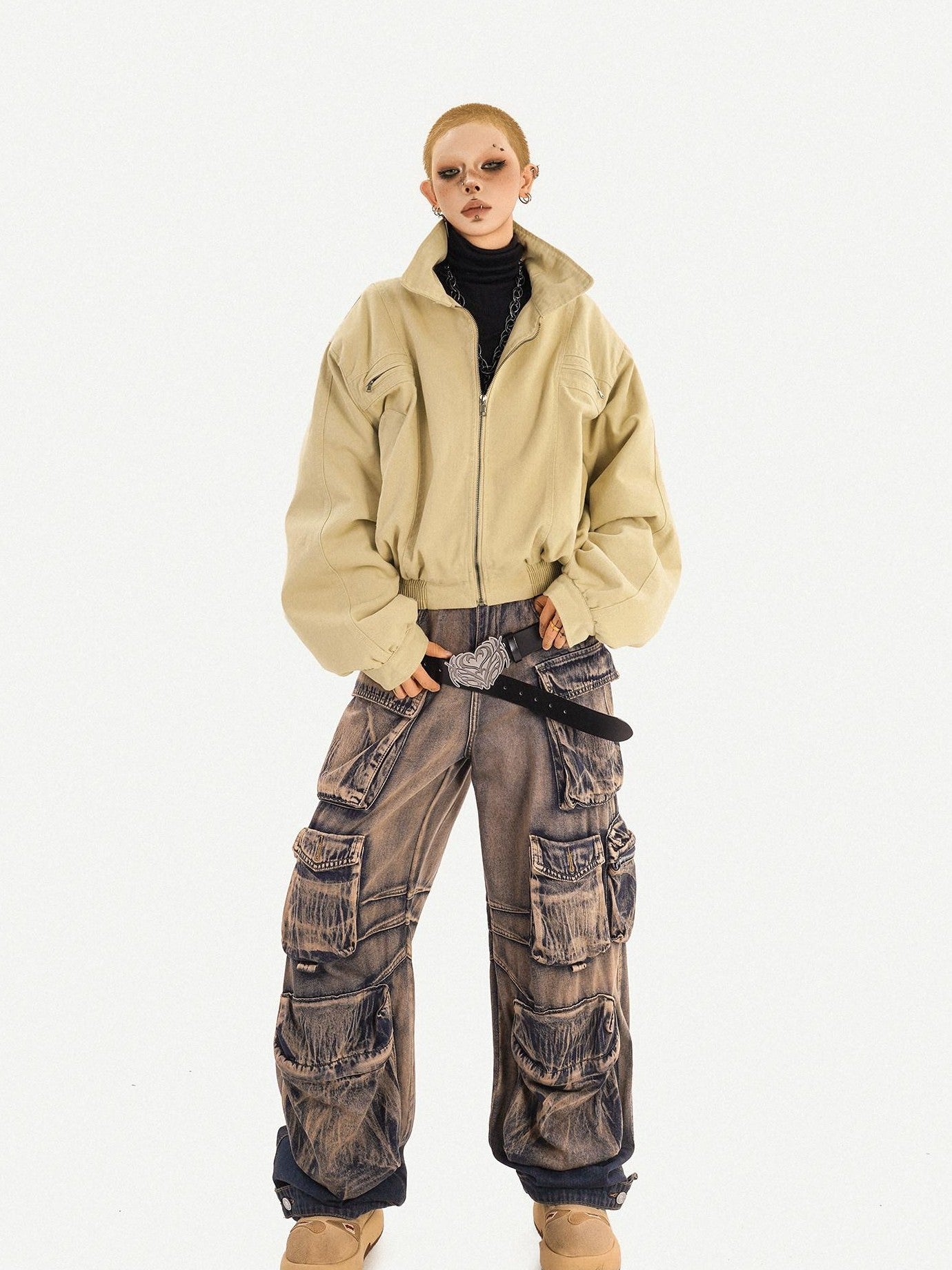 Nico Molly Distressed Vintage Pattern Cargo High Waist Women's Heavy Denim Wide-leg Pants