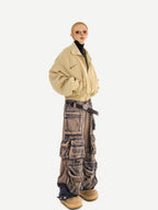 Nico Molly Distressed Vintage Pattern Cargo High Waist Women's Heavy Denim Wide-leg Pants