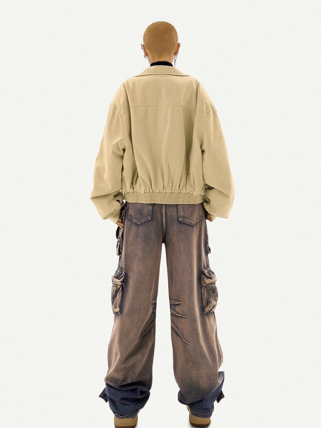 Nico Molly Distressed Vintage Pattern Cargo High Waist Women's Heavy Denim Wide-leg Pants