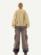 Nico Molly Distressed Vintage Pattern Cargo High Waist Women's Heavy Denim Wide-leg Pants