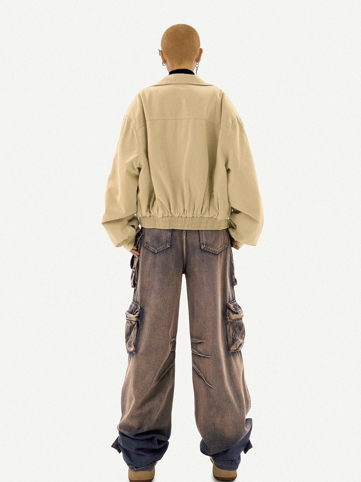 Nico Molly Distressed Vintage Pattern Cargo High Waist Women's Heavy Denim Wide-leg Pants