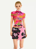 Nico Molly Dopamine Girl Cartoon Print Raglan Cropped Women's Short Sleeve T-shirts