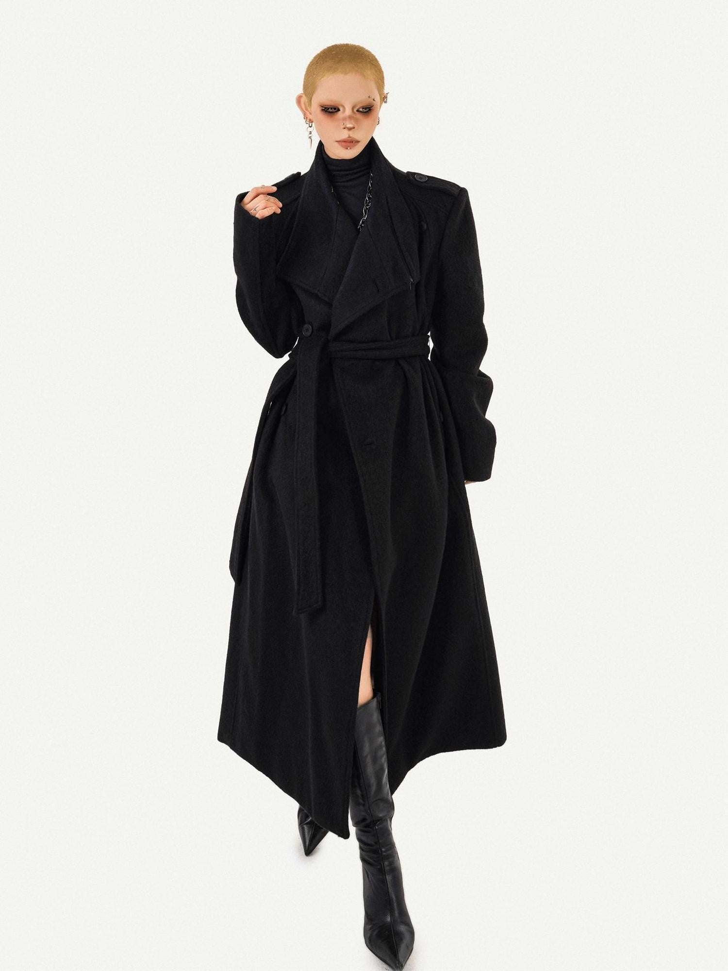Nico Molly Double Face Notched Lapel Tie Belt Relaxed Mid Length Women's Wool Coats