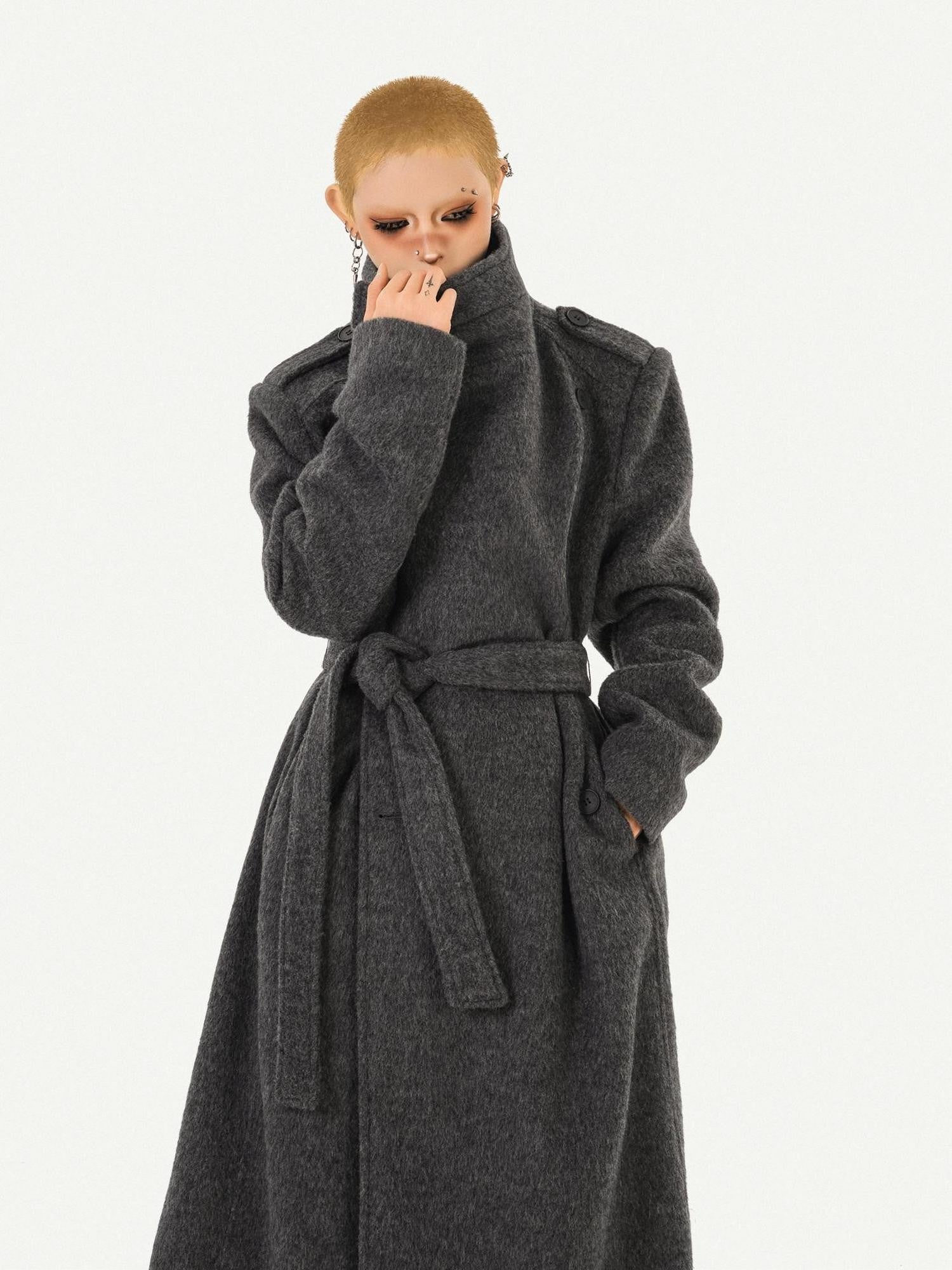 Nico Molly Double Face Notched Lapel Tie Belt Relaxed Mid Length Women's Wool Coats