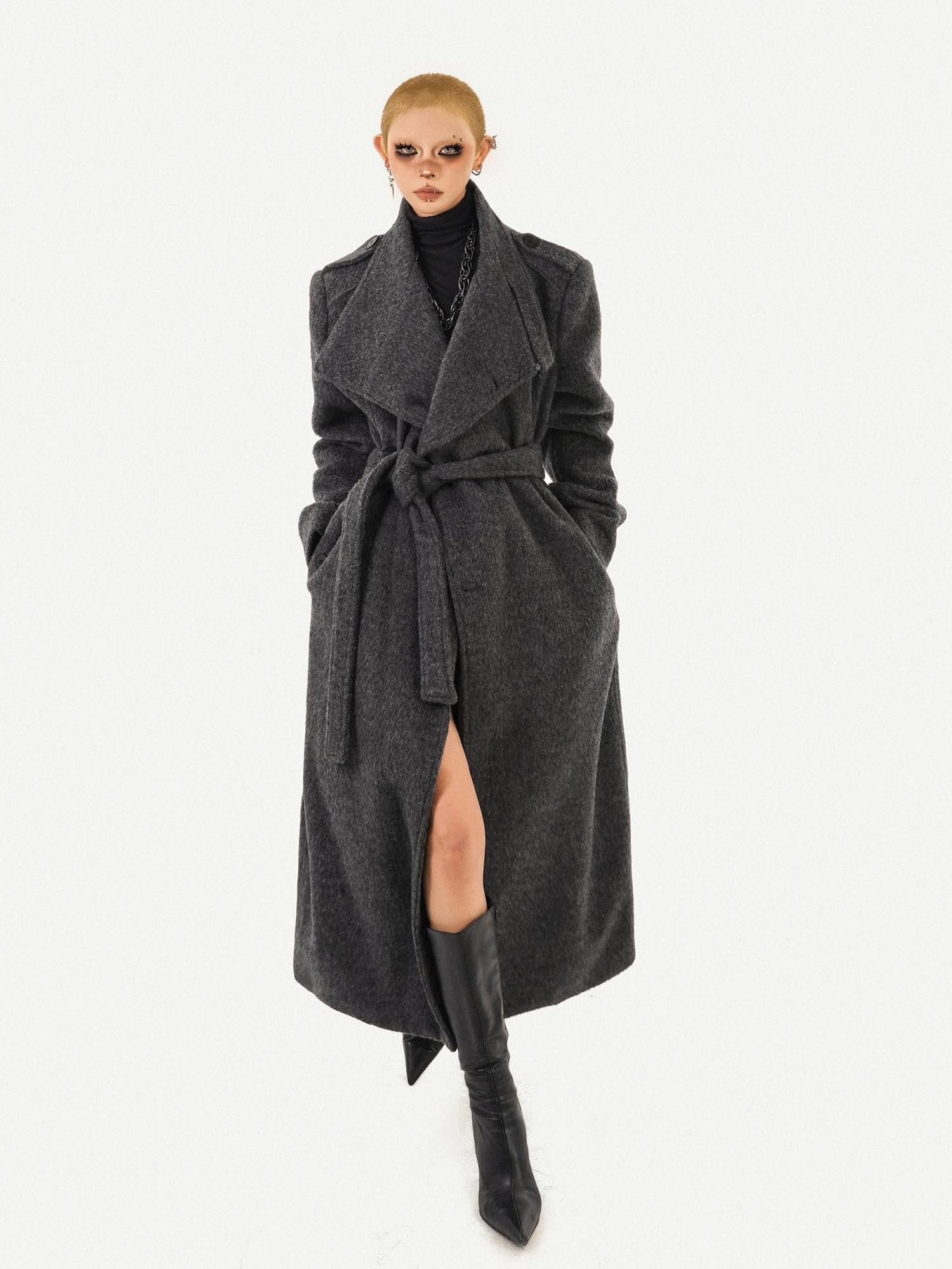Nico Molly Double Face Notched Lapel Tie Belt Relaxed Mid Length Women's Wool Coats